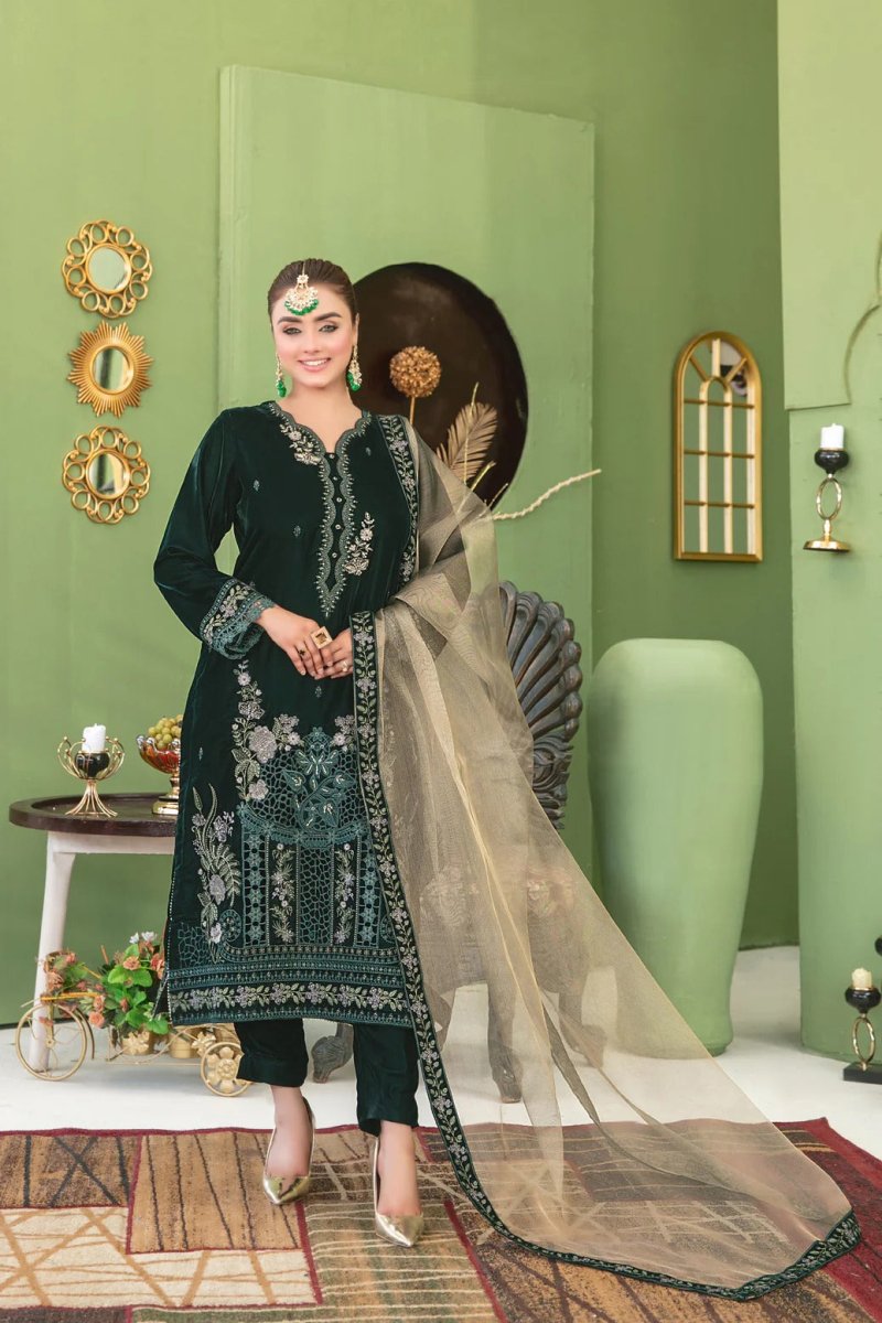 Tawakkal Fabrics 3 Piece Stitched Fancy Heavy Embroidered Velvet Suit - D-3695