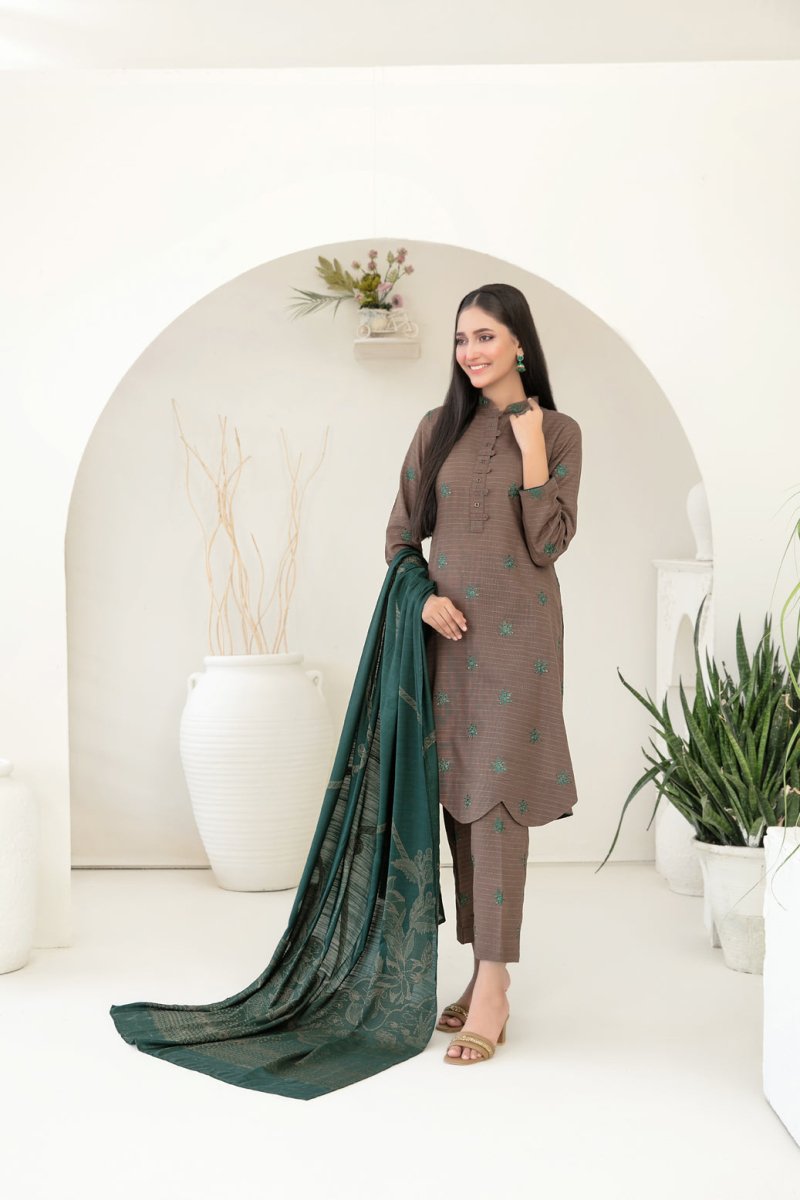 Tawakkal Fabrics 3 Piece Stitched Fancy Embroidered Zari Khaddar Suit - D-3865