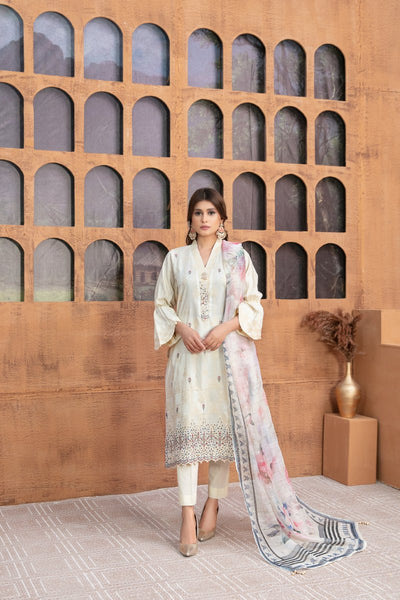 Tawakkal Fabrics 3 Piece Stitched Boring Daman Embroidered Banarsi Suit D-8689