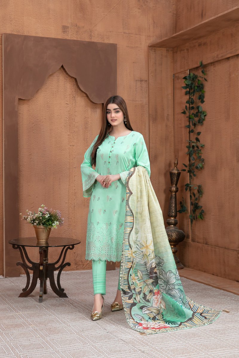 Tawakkal Fabrics 3 Piece Stitched Boring Daman Embroidered Banarsi Suit D-8694