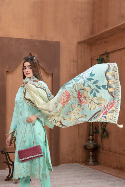Tawakkal Fabrics 3 Piece Stitched Boring Daman Embroidered Banarsi Suit D-8694