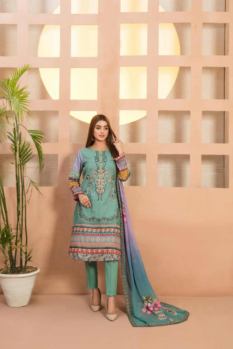 Tawakkal Fabrics 3 Piece Stitched Fancy Embroidered Digital Printed Lawn Suit D-8952