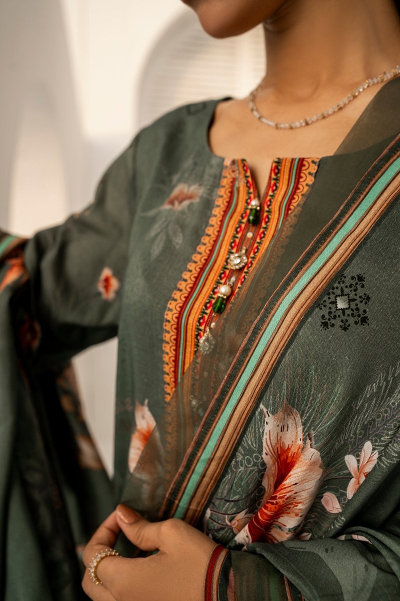 FIRDOUS 3 Piece Stitched Printed Linen Suit - D-905