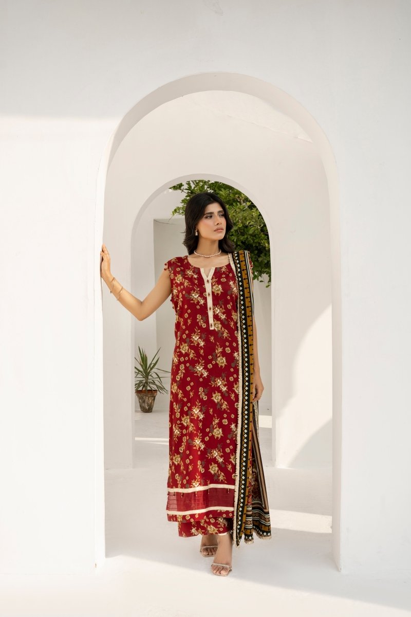 FIRDOUS 3 Piece Stitched Printed Linen Suit - D-911