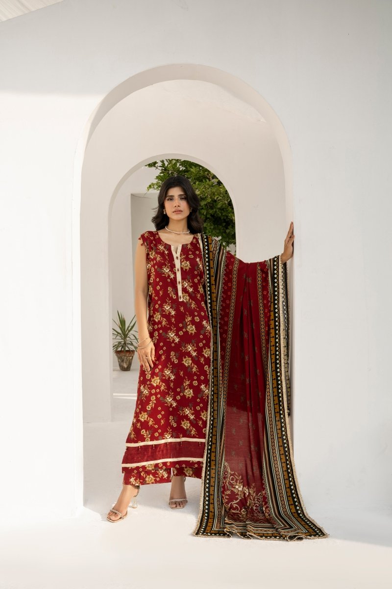 FIRDOUS 3 Piece Stitched Printed Linen Suit - D-911