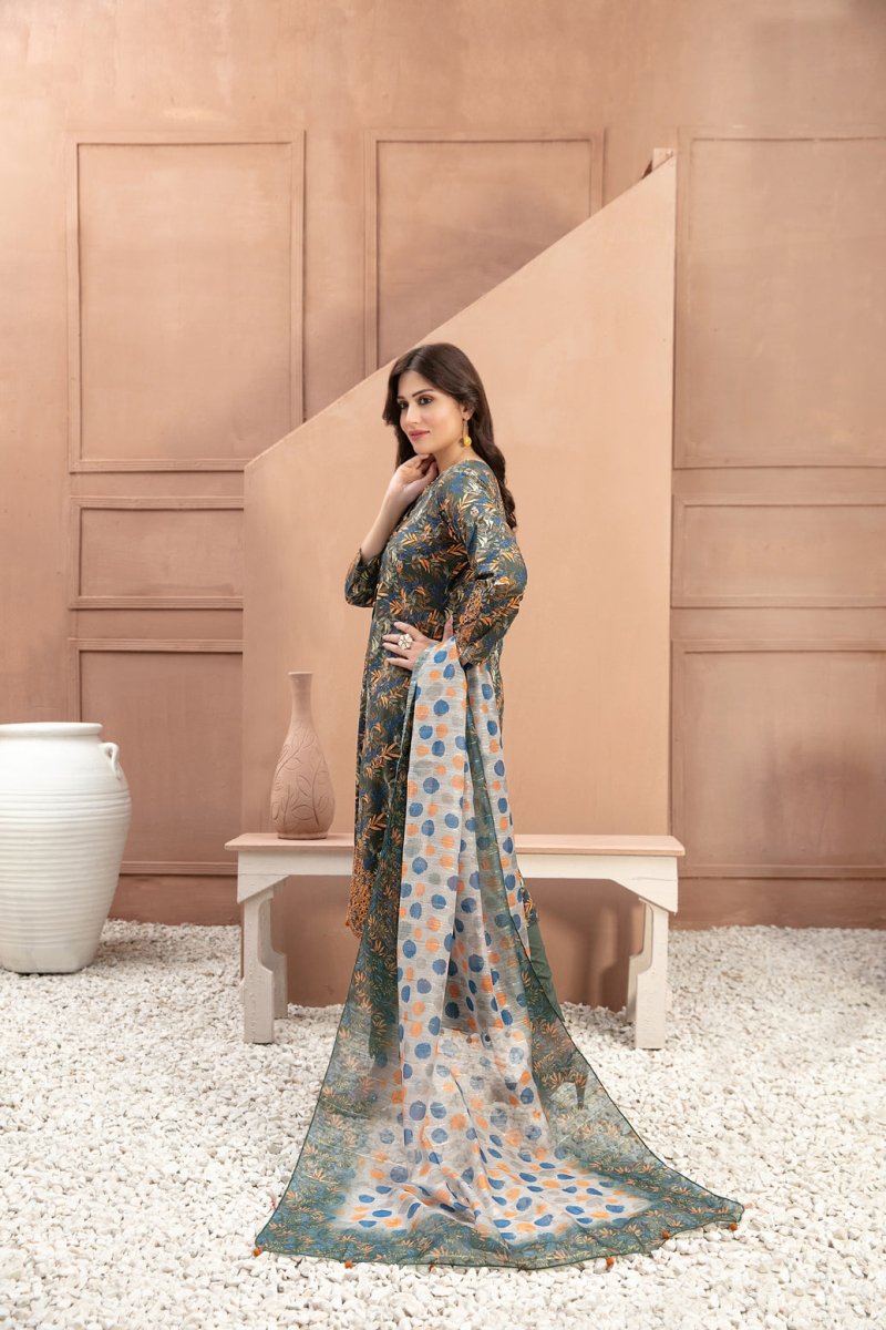 Tawakkal Fabrics 3 Piece Stitched Boring Daman Embroidered Rotary Printed Lawn Suit D-9195