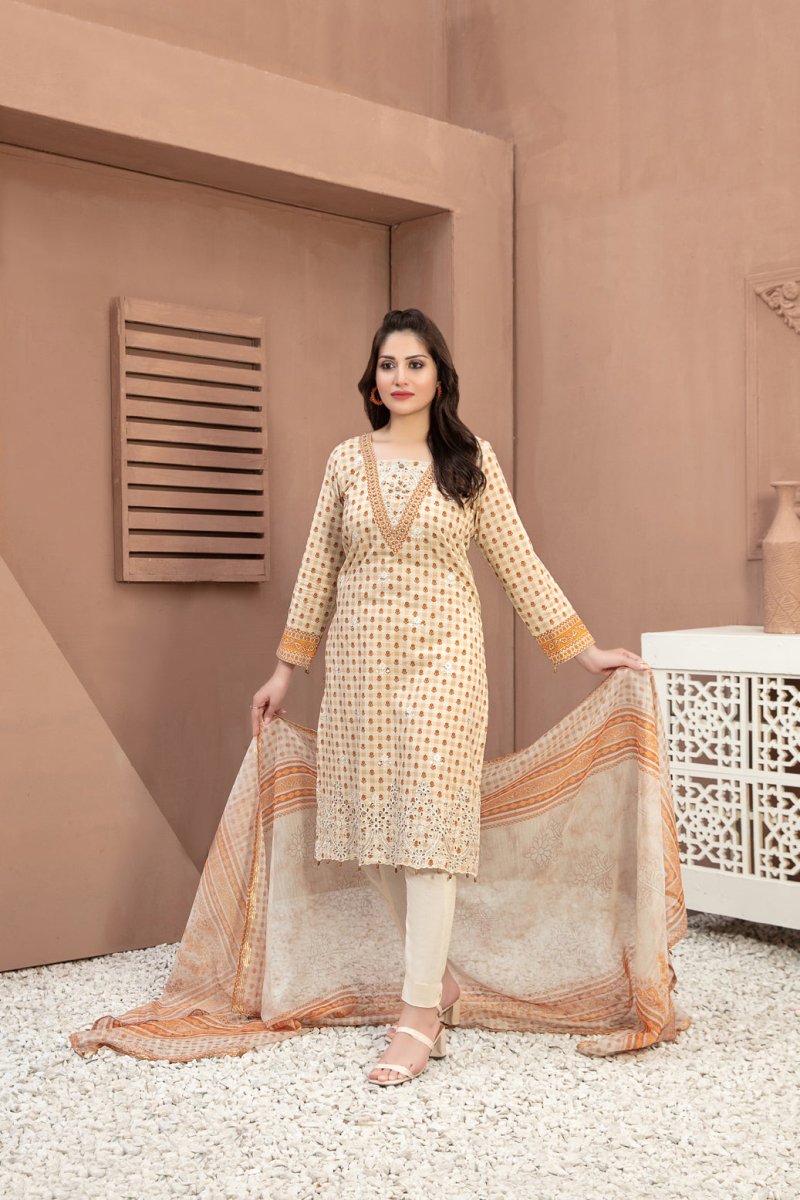 Tawakkal Fabrics 3 Piece Stitched Boring Daman Embroidered Rotary Printed Lawn Suit D-9196
