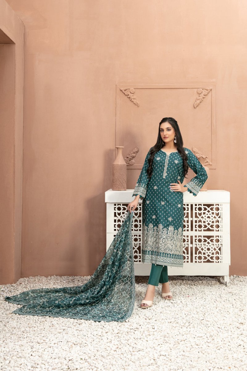 Tawakkal Fabrics 3 Piece Stitched Boring Daman Embroidered Rotary Printed Lawn Suit D-9197