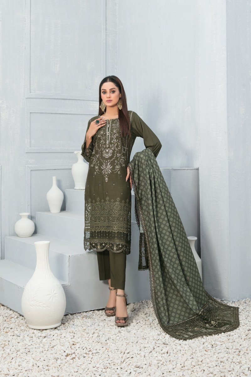Tawakkal Fabrics 3 Piece Stitched Fancy Embroidered Staple Schiffli Suit D-9428