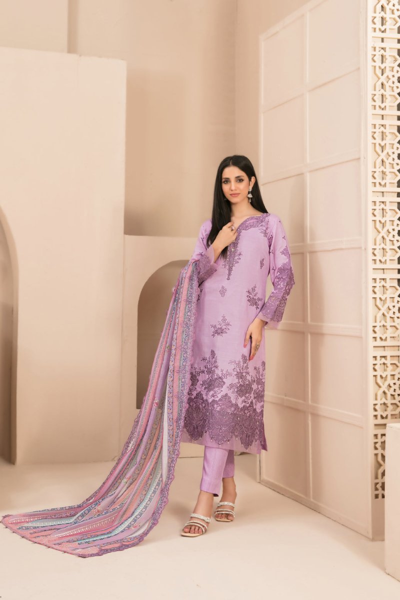 Tawakkal Fabrics 3 Piece Stitched Fancy Embroidered Viscose Slub Suit - D-9446