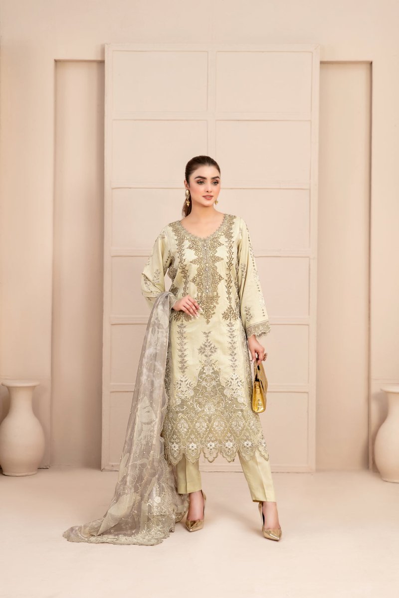 Tawakkal Fabrics 3 Piece Stitched Fancy Embroidered Viscose Plain/Jacquard Suit D-9534