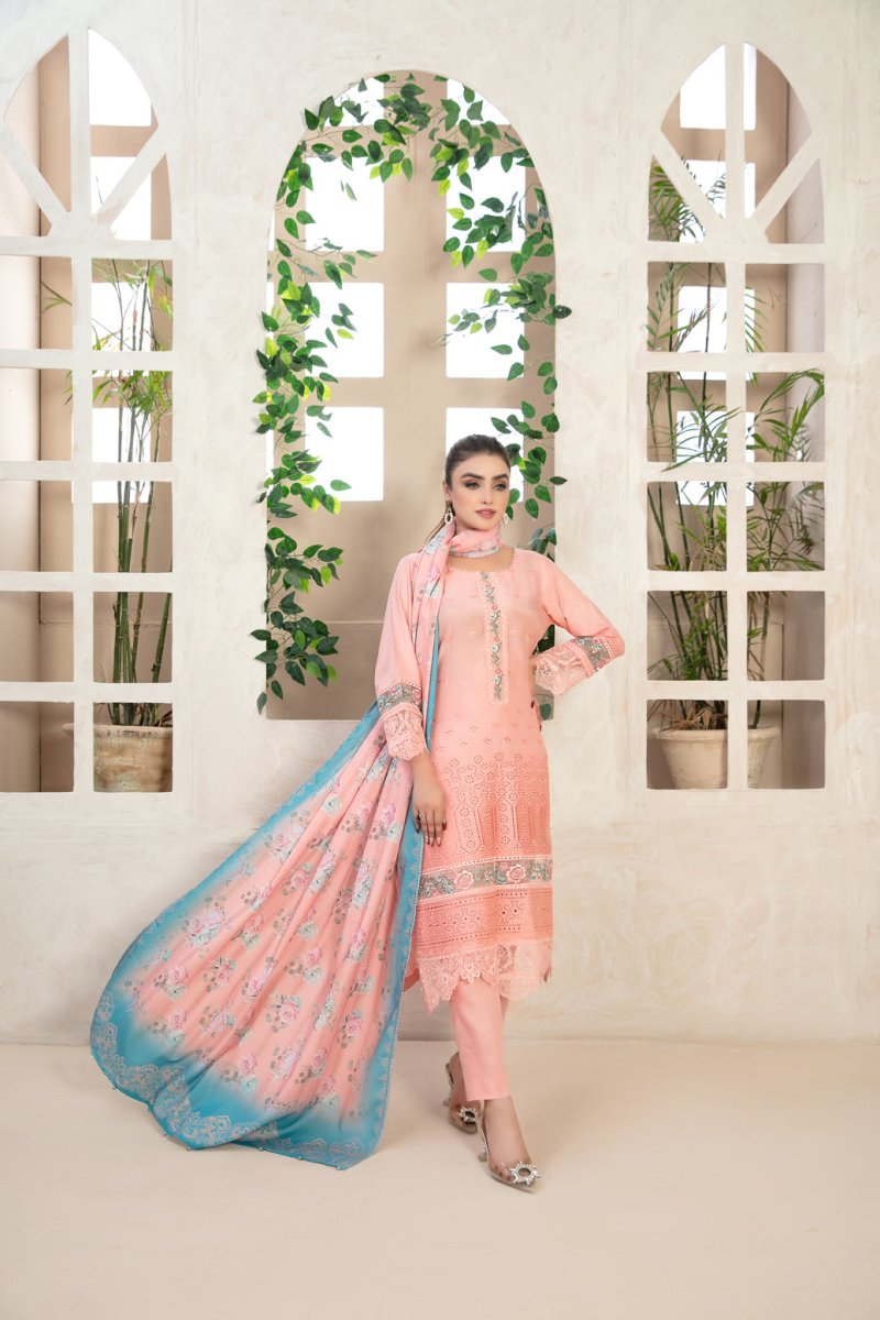 Tawakkal Fabrics 3 Piece Stitched Embroidered Viscose Schiffli Suit - D-9577