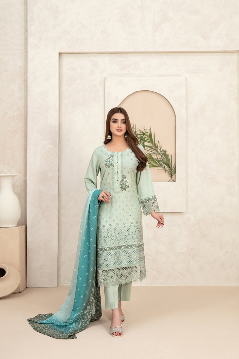 Tawakkal Fabrics 3 Piece Stitched Embroidered Viscose Schiffli Suit - D-9581