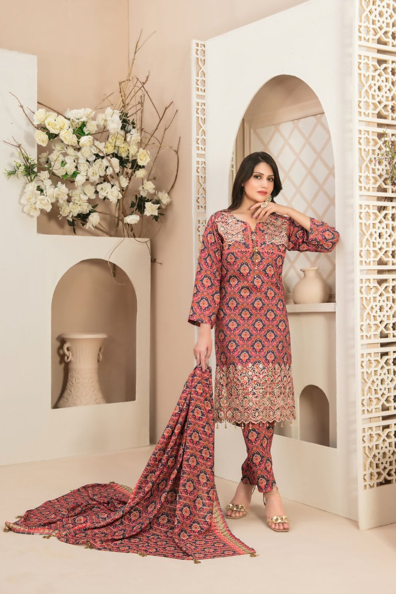 Tawakkal Fabrics 3 Piece Stitched Daman Embroidered Digital Printed Staple Viscose Slub Suit D-9675