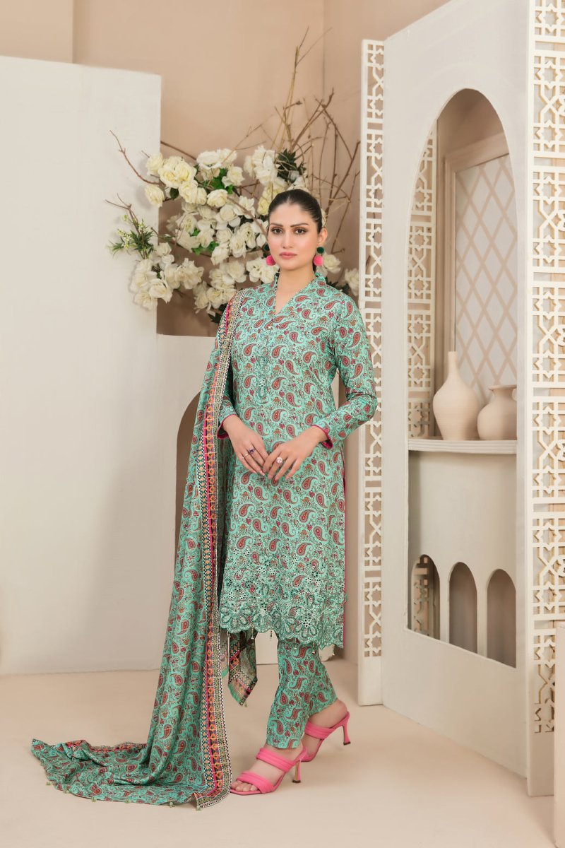 Tawakkal Fabrics 3 Piece Stitched Daman Embroidered Digital Printed Staple Viscose Slub Suit D-9676
