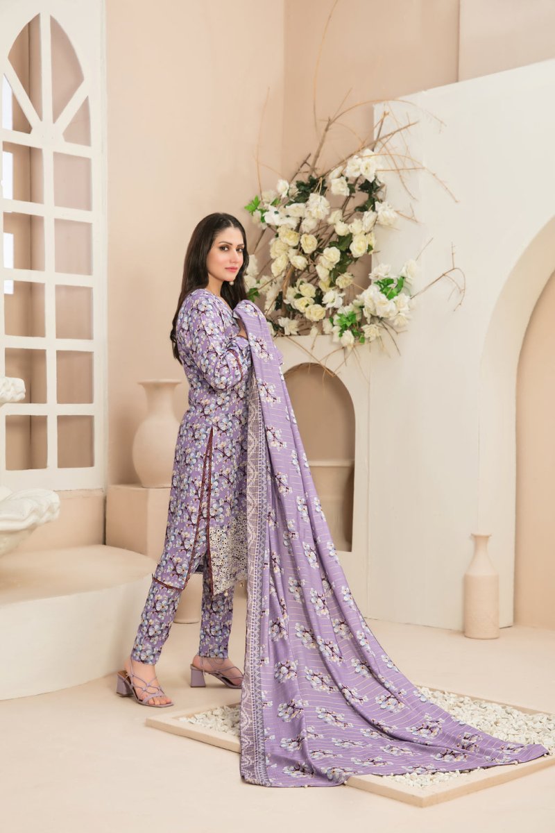 Tawakkal Fabrics 3 Piece Stitched Daman Embroidered Digital Printed Staple Viscose Slub Suit D-9677