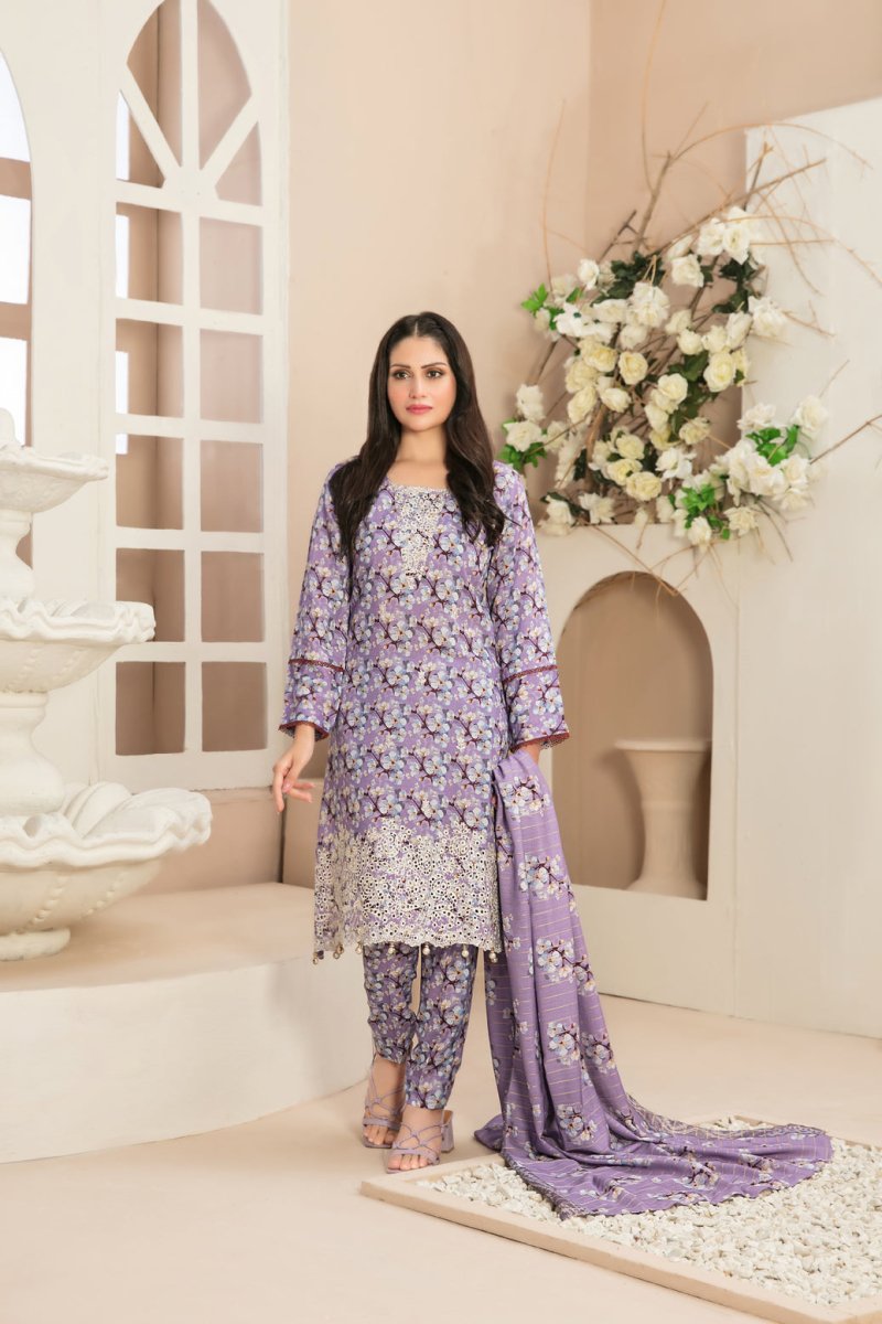 Tawakkal Fabrics 3 Piece Stitched Daman Embroidered Digital Printed Staple Viscose Slub Suit D-9677