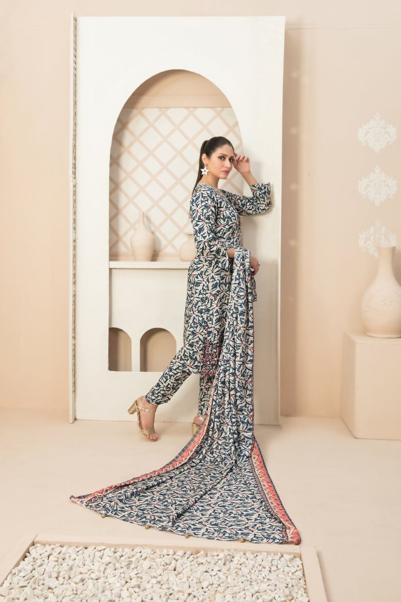 Tawakkal Fabrics 3 Piece Stitched Daman Embroidered Digital Printed Staple Viscose Slub Suit D-9678