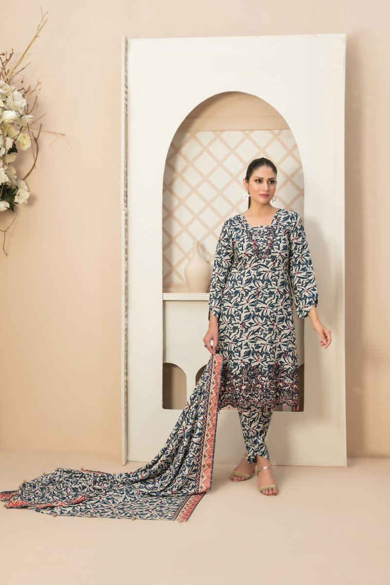 Tawakkal Fabrics 3 Piece Stitched Daman Embroidered Digital Printed Staple Viscose Slub Suit D-9678