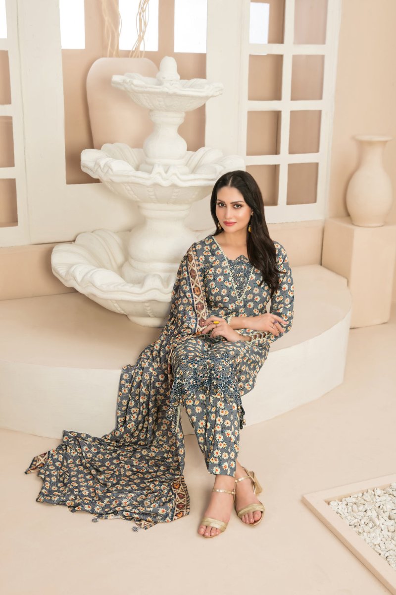 Tawakkal Fabrics 3 Piece Stitched Daman Embroidered Digital Printed Staple Viscose Slub Suit D-9679