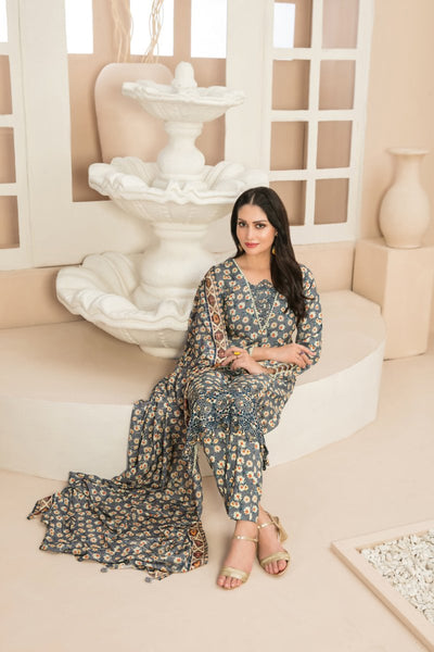 Tawakkal Fabrics 3 Piece Stitched Daman Embroidered Digital Printed Staple Viscose Slub Suit D-9679