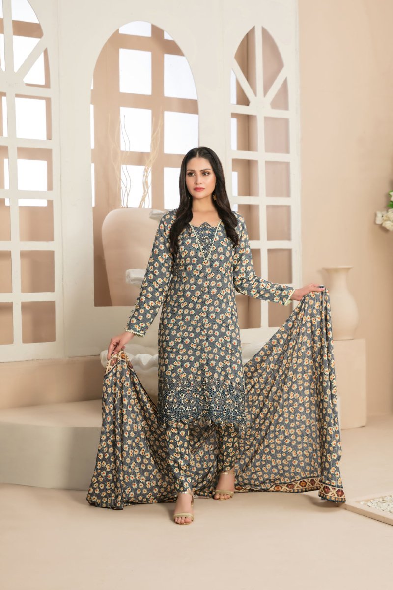 Tawakkal Fabrics 3 Piece Stitched Daman Embroidered Digital Printed Staple Viscose Slub Suit D-9679