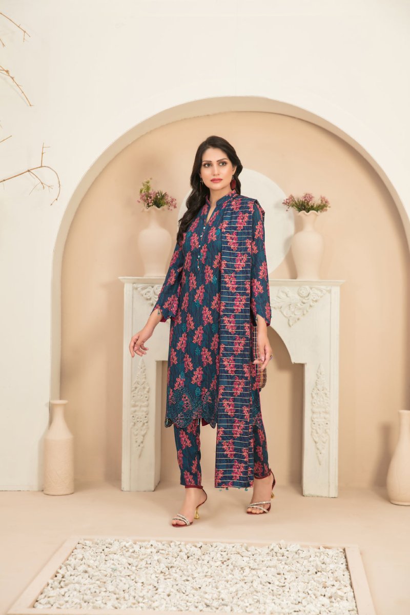 Tawakkal Fabrics 3 Piece Stitched Daman Embroidered Digital Printed Staple Viscose Slub Suit D-9680