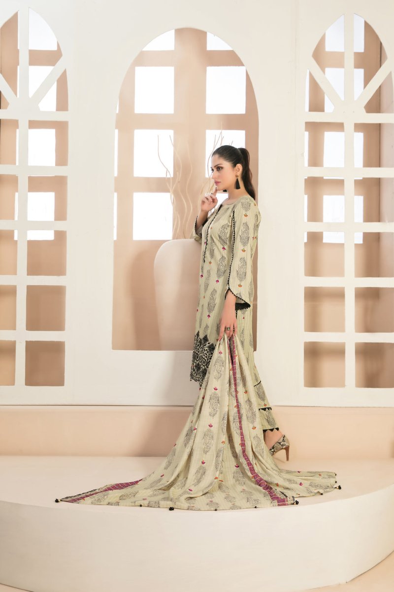 Tawakkal Fabrics 3 Piece Stitched Daman Embroidered Digital Printed Staple Viscose Slub Suit D-9682