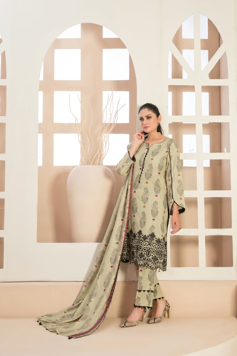 Tawakkal Fabrics 3 Piece Stitched Daman Embroidered Digital Printed Staple Viscose Slub Suit D-9682