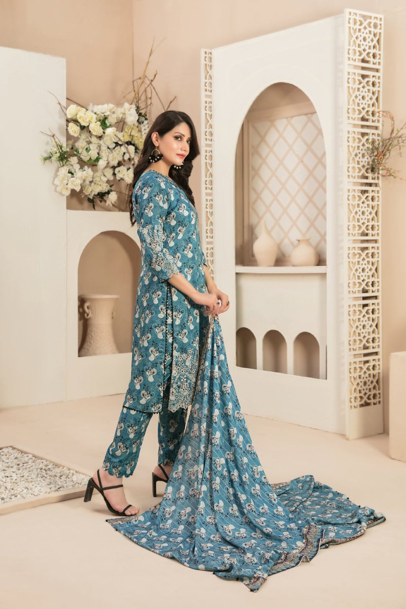 Tawakkal Fabrics 3 Piece Stitched Daman Embroidered Digital Printed Staple Viscose Slub Suit D-9683