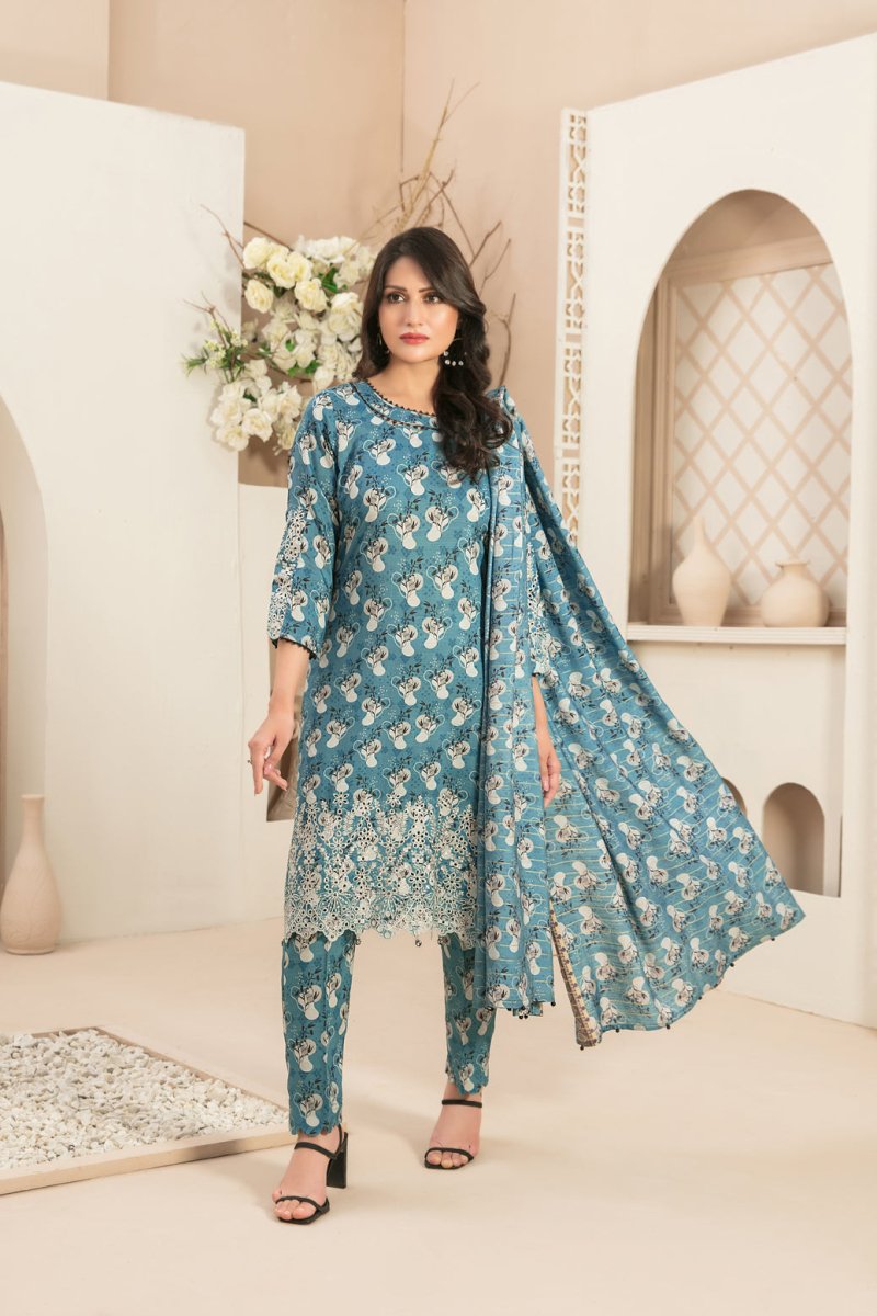 Tawakkal Fabrics 3 Piece Stitched Daman Embroidered Digital Printed Staple Viscose Slub Suit D-9683