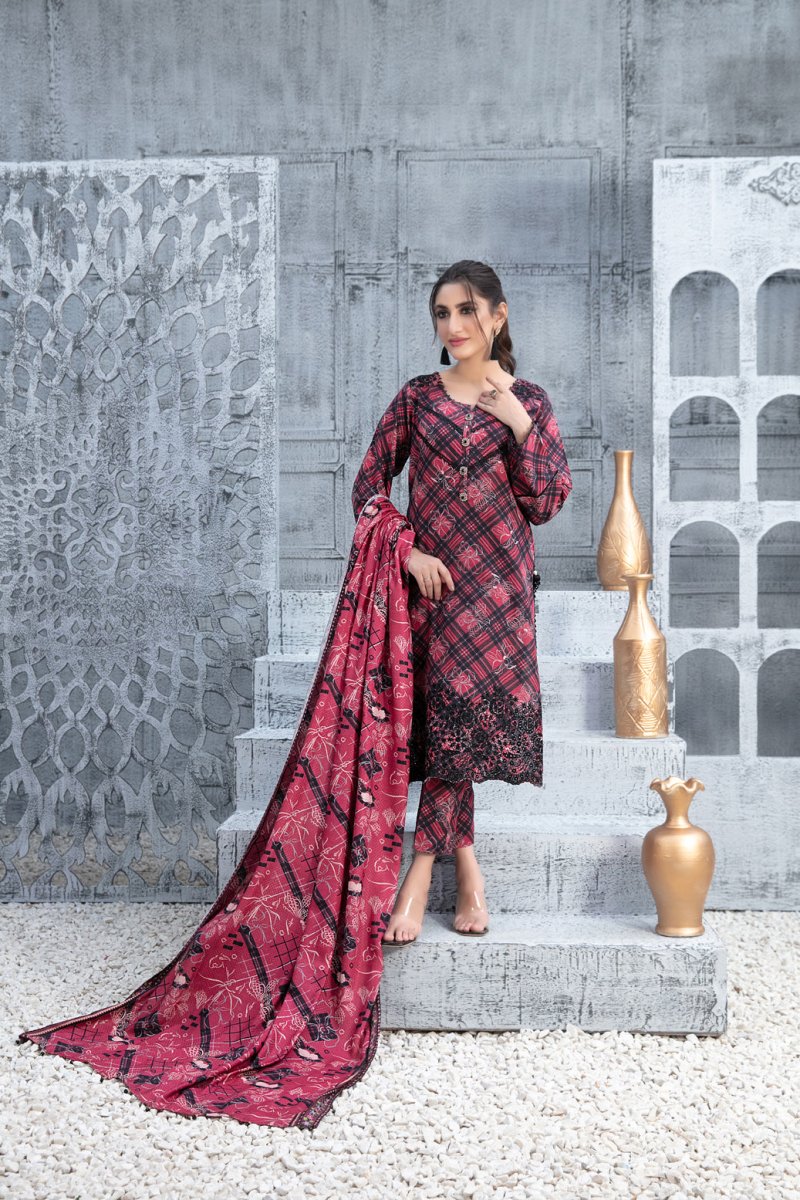 Tawakkal Fabrics 3 Piece Stitched Daman Embroidered Digital Printed Khaddar Suit D-9688
