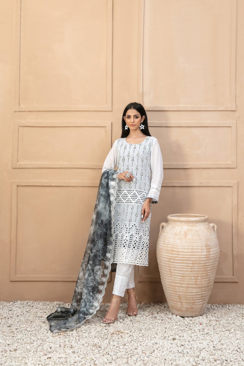 Tawakkal Fabrics 3 Piece Stitched Heavy Schiffli Embroidered Black/White Suit D-9709