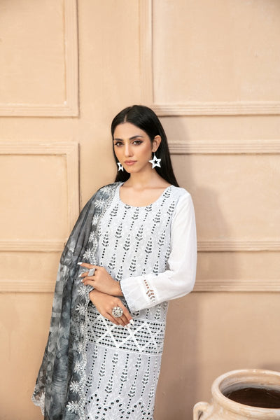 Tawakkal Fabrics 3 Piece Stitched Heavy Schiffli Embroidered Black/White Suit D-9709