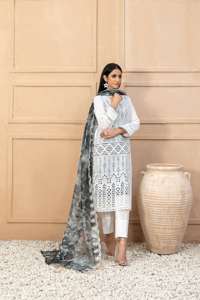 Tawakkal Fabrics 3 Piece Stitched Heavy Schiffli Embroidered Black/White Suit D-9709