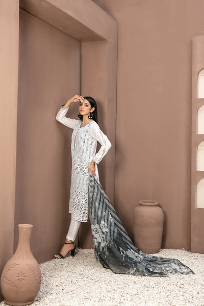 Tawakkal Fabrics 3 Piece Stitched Heavy Schiffli Embroidered Black/White Suit D-9711