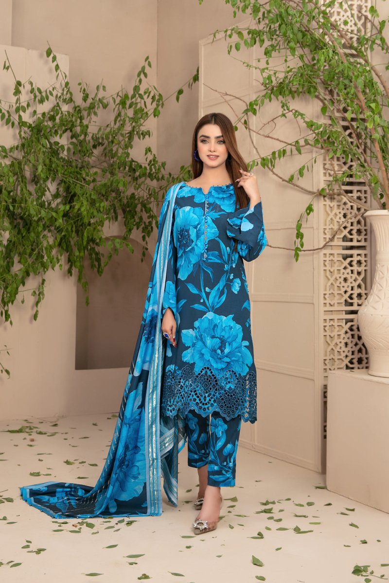 Tawakkal Fabrics 3 Piece Stitched Schiffli Daman Embroidered Digital Printed Staple Suit D-9716