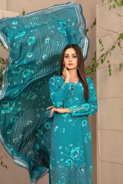 Tawakkal Fabrics 3 Piece Stitched Schiffli Daman Embroidered Digital Printed Staple Suit D-9718
