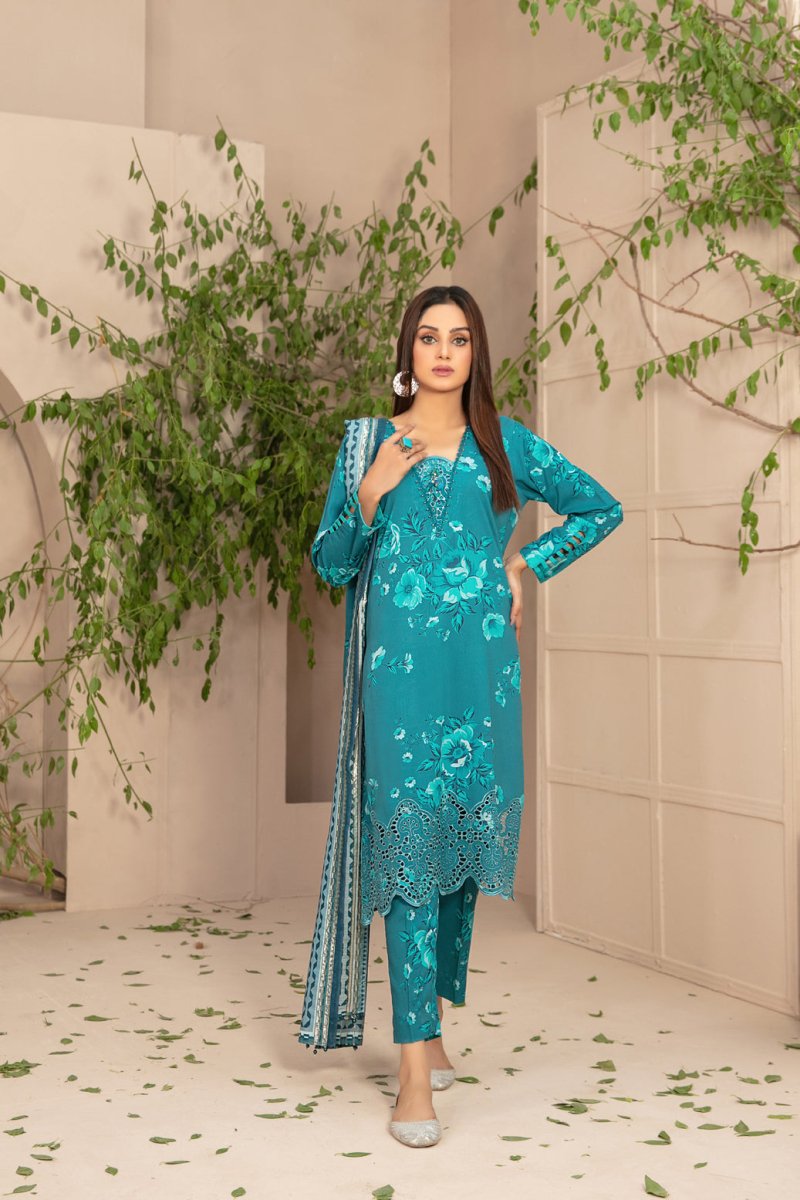 Tawakkal Fabrics 3 Piece Stitched Schiffli Daman Embroidered Digital Printed Staple Suit D-9718
