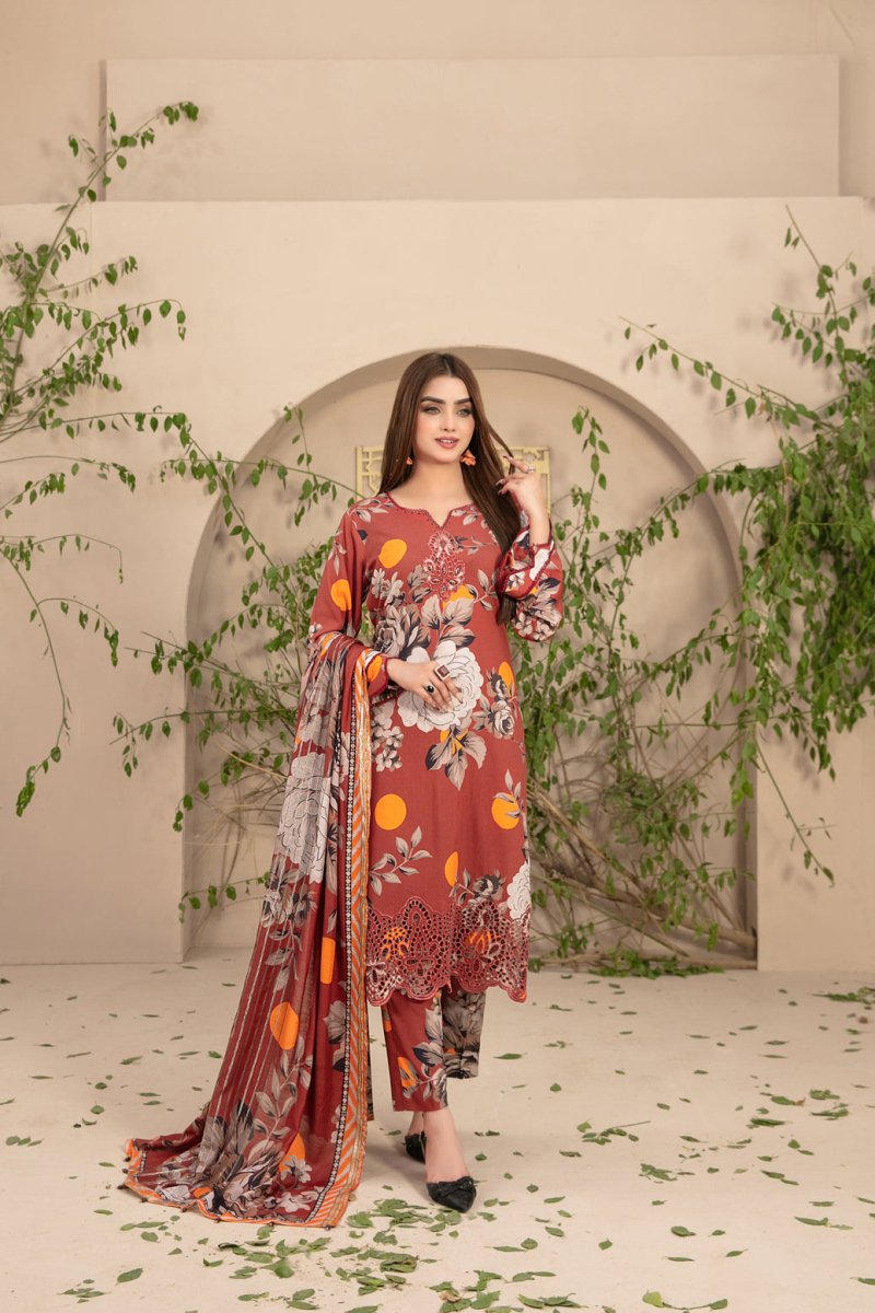Tawakkal Fabrics 3 Piece Stitched Schiffli Daman Embroidered Digital Printed Staple Suit D-9719