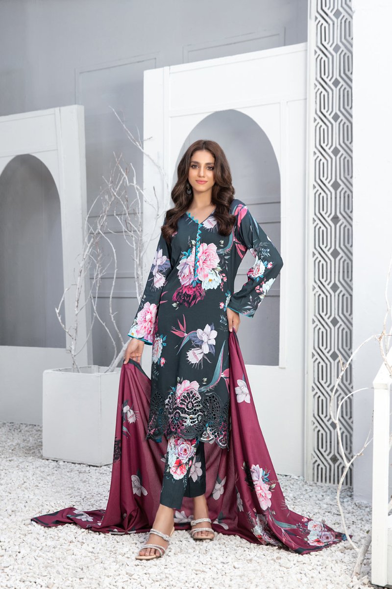 Tawakkal Fabrics 3 Piece Stitched Schiffli Daman Embroidered Digital Printed Staple Suit - D-9720