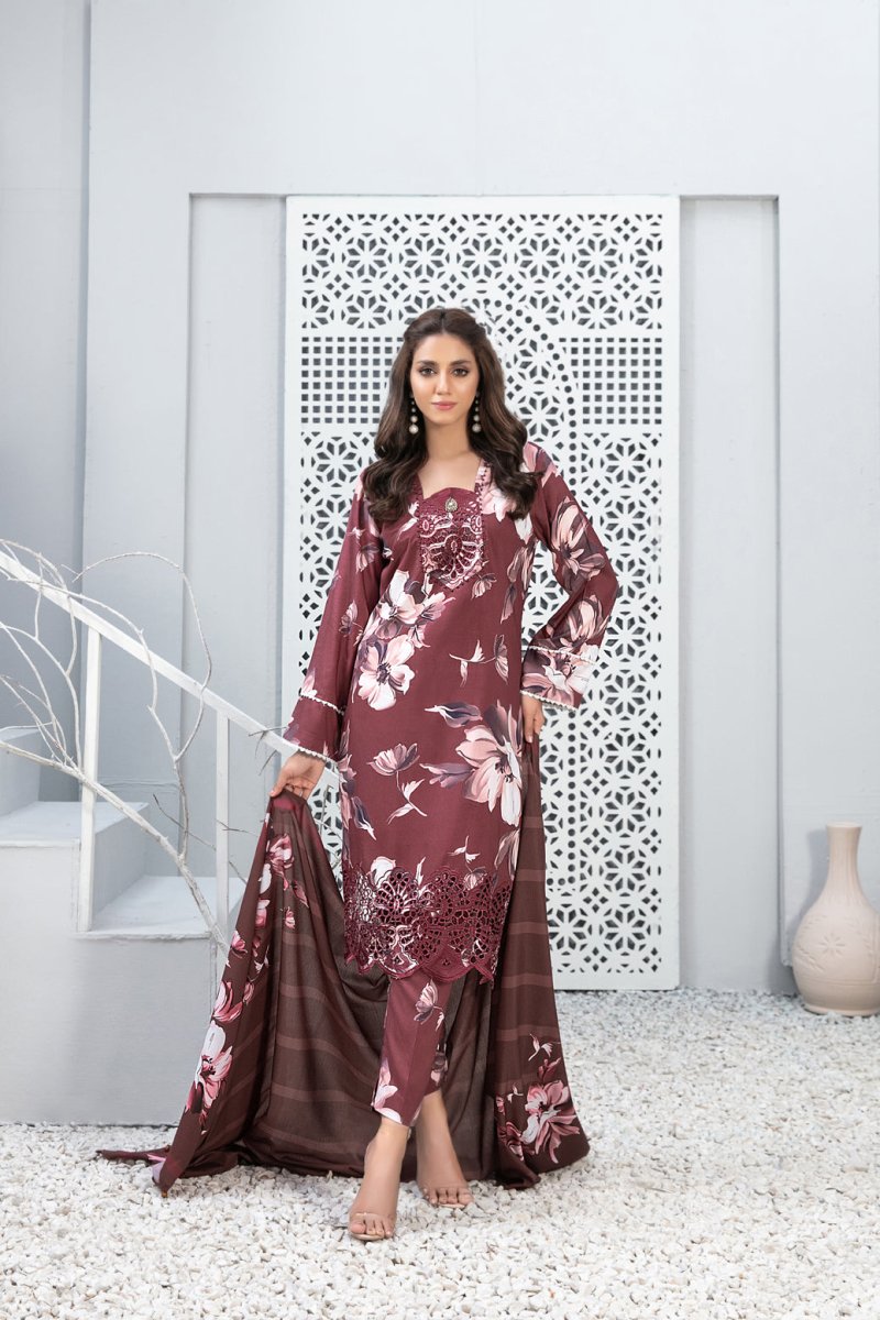 Tawakkal Fabrics 3 Piece Stitched Schiffli Daman Embroidered Digital Printed Staple Suit - D-9722