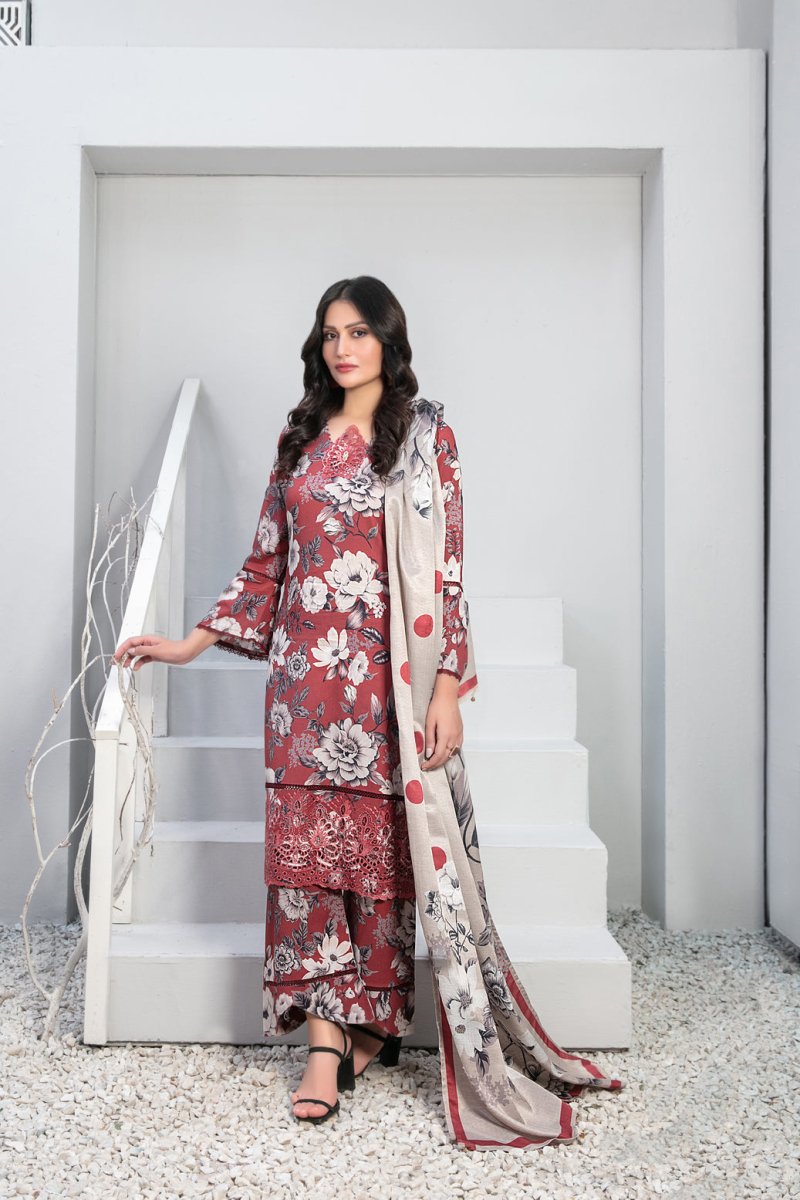 Tawakkal Fabrics 3 Piece Stitched Schiffli Daman Embroidered Digital Printed Staple Suit - D-9723