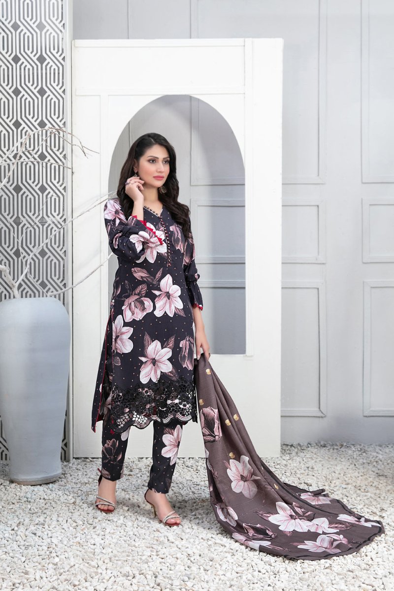 Tawakkal Fabrics 3 Piece Stitched Schiffli Daman Embroidered Digital Printed Staple Suit - D-9724