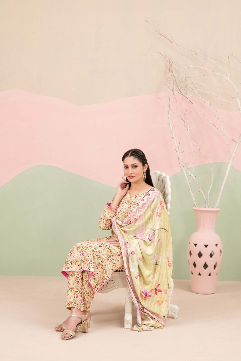Tawakkal Fabrics 3 Piece Stitched Boti Embroidered Digital Printed Leather Peach Suit - D-9773