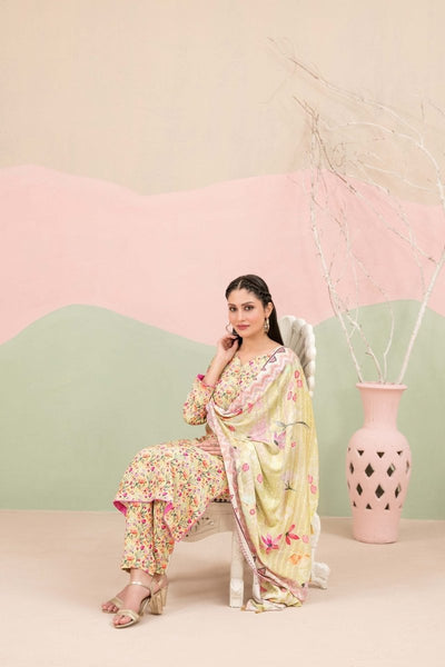 Tawakkal Fabrics 3 Piece Stitched Boti Embroidered Digital Printed Leather Peach Suit - D-9773
