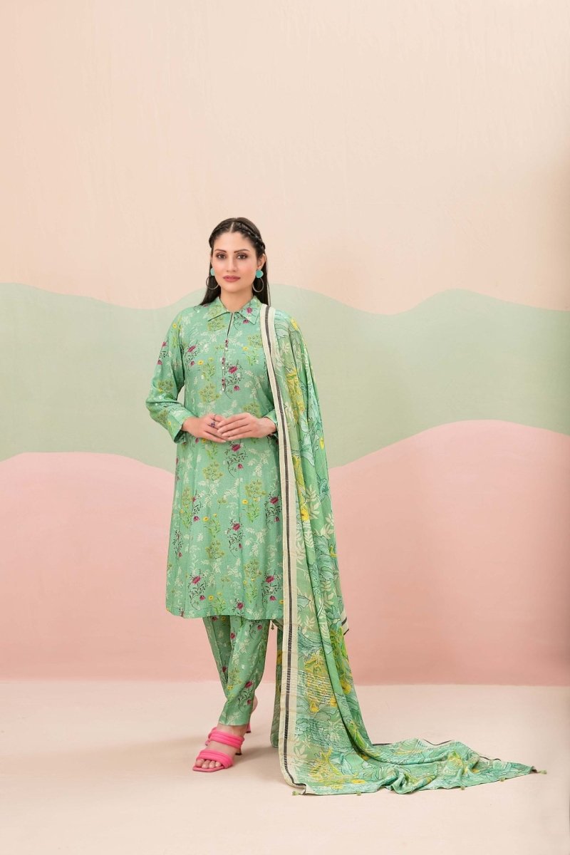 Tawakkal Fabrics 3 Piece Stitched Boti Embroidered Digital Printed Leather Peach Suit - D-9774