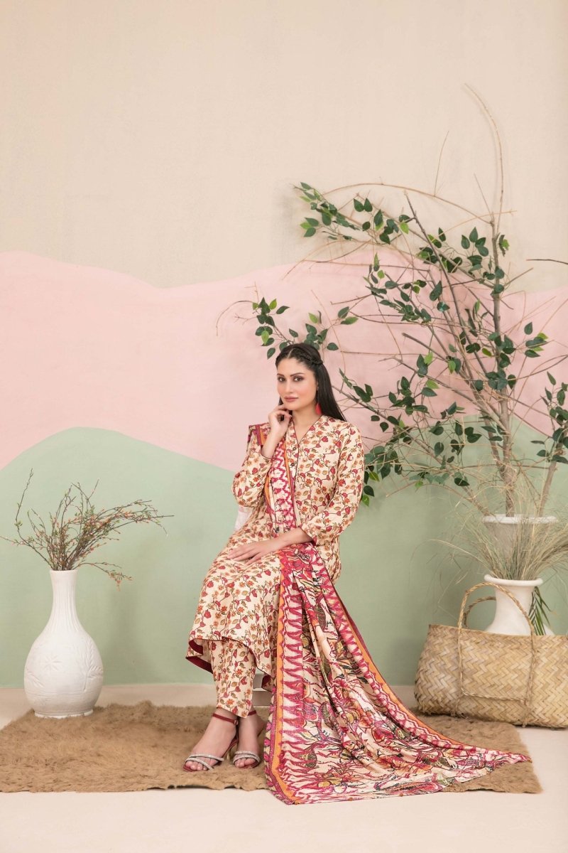 Tawakkal Fabrics 3 Piece Stitched Boti Embroidered Digital Printed Leather Peach Suit - D-9775