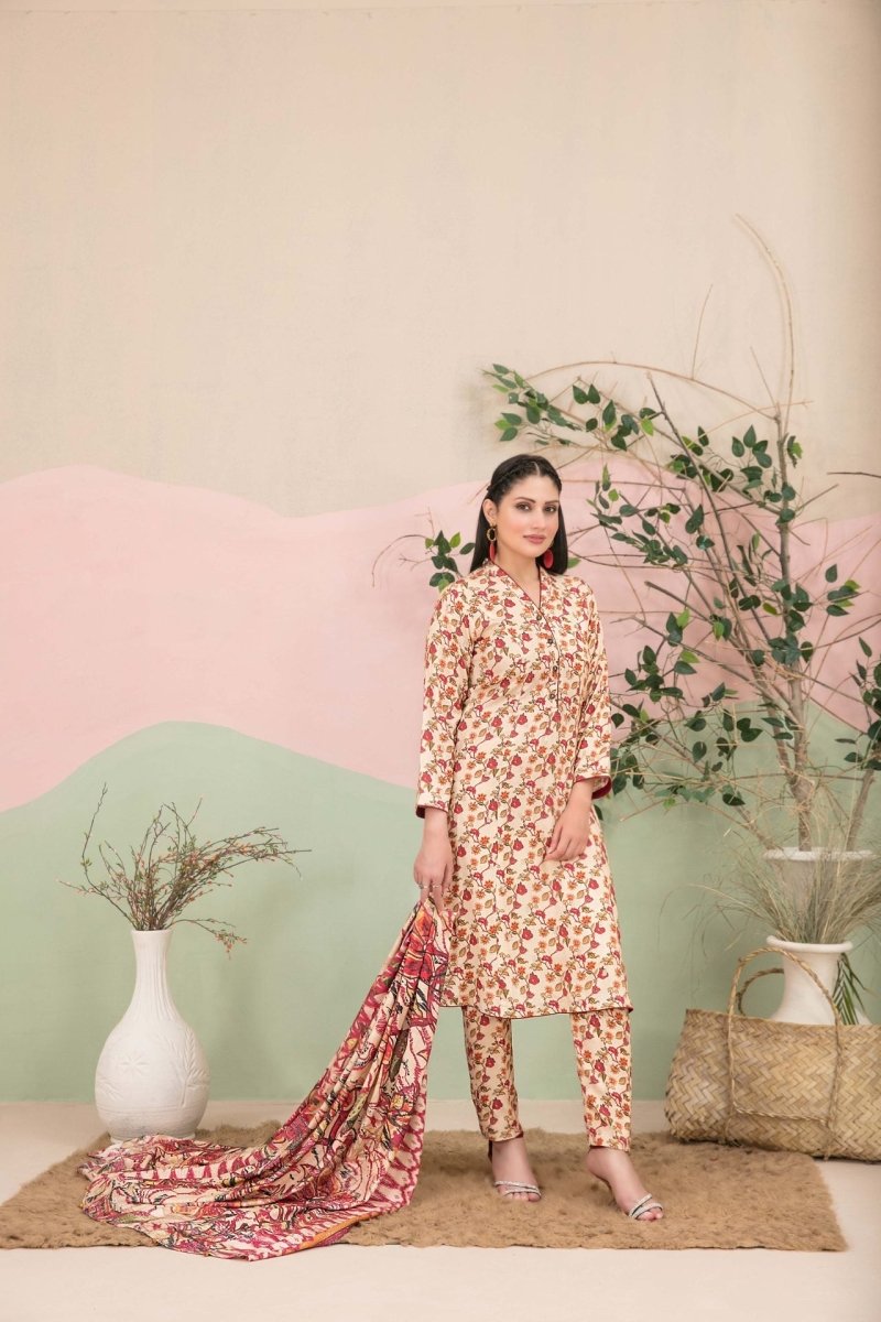 Tawakkal Fabrics 3 Piece Stitched Boti Embroidered Digital Printed Leather Peach Suit - D-9775