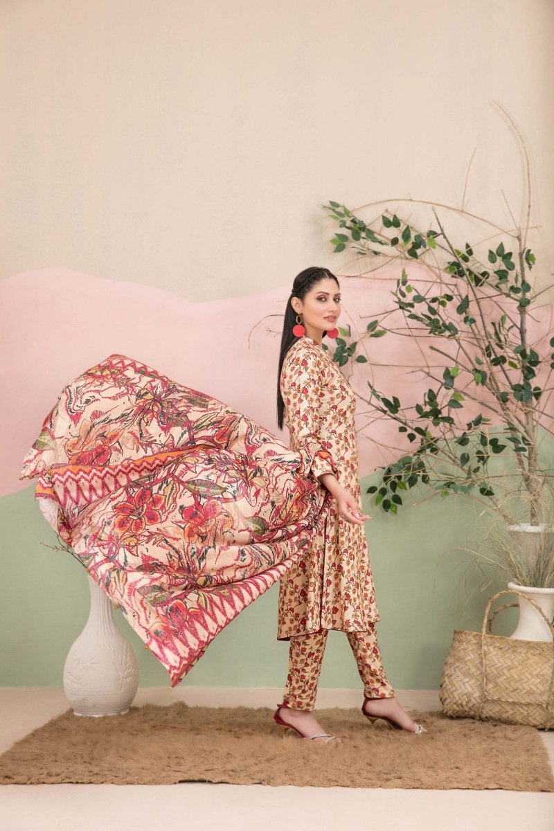 Tawakkal Fabrics 3 Piece Stitched Boti Embroidered Digital Printed Leather Peach Suit - D-9775